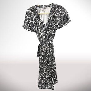 H&M Black White Floral V-neck Chiffon Wrap Dress Size S
